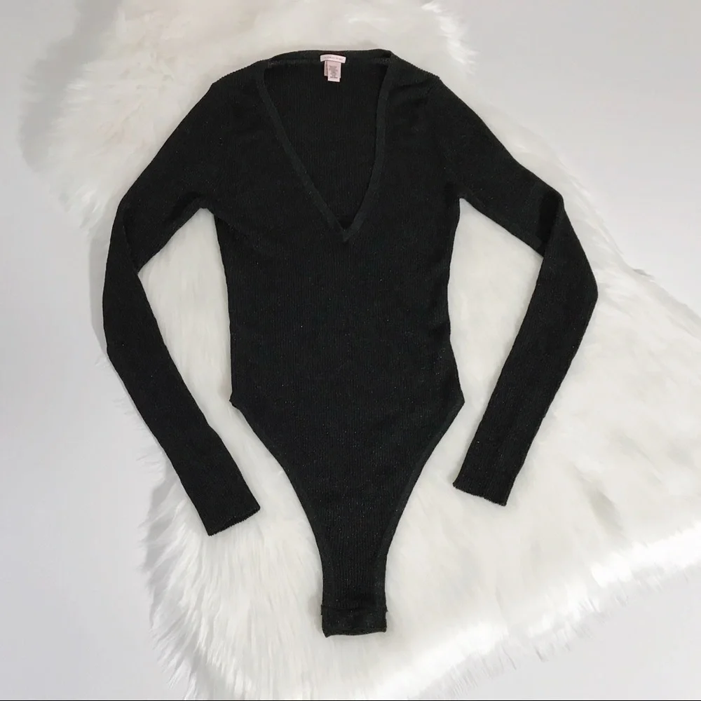 β¨HPβ¨ VS Plunge Ribbed Shimmer Bodysuit Teddy XS Black - Picture 4 of 10